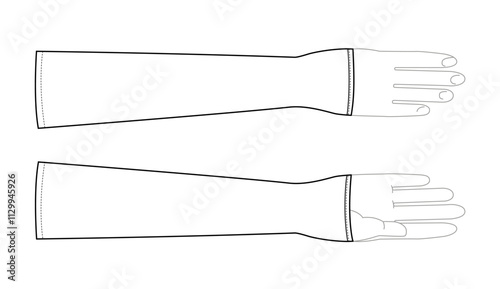 Gauntlets Gloves Elbow length Fashion hand accessory clothing technical illustration garment. Vector front palm back view for Men, women, unisex style flat template CAD mockup sketch outline on white