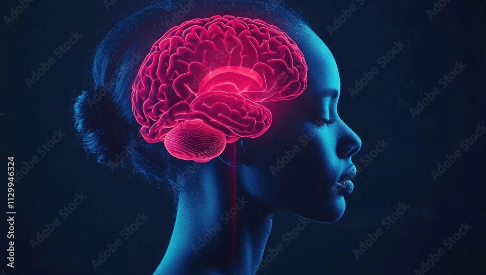 The human brain is highlighted in blue and pink, with the central part glowing red to symbolize activity or emotion. The head of an adult person appears on one side of it The human brain is highlighted in blue and pink, with the central part glowing red to symbolize activity or emotion. The head of an adult person appears on one side of it