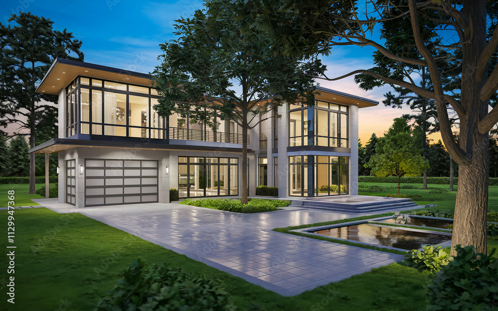 beautiful modern-style two-story white villa with large windows, a garage, and a beautiful outdoor garden surrounded by large trees. The villa is set against a backdrop of a blue sky at sunset. beautiful modern-style two-story white villa with large windows, a garage, and a beautiful outdoor garden surrounded by large trees. The villa is set against a backdrop of a blue sky at sunset.
