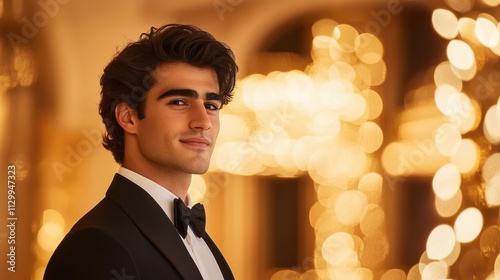 A side profile portrait of a charming man in formal evening wear standing against the backdrop of a glamorous event, illuminated by soft golden lights reflecting off polished surfaces, showcasing subt