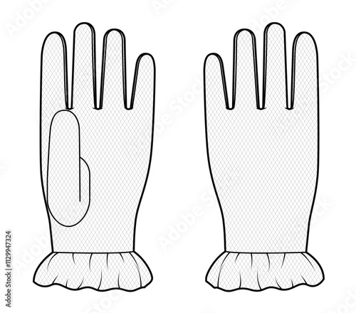 Lace Ruffled Gloves Wrist length Fashion hand accessory clothing technical illustration garment. Vector front back view for Men, women, unisex style flat template CAD mockup sketch on white background