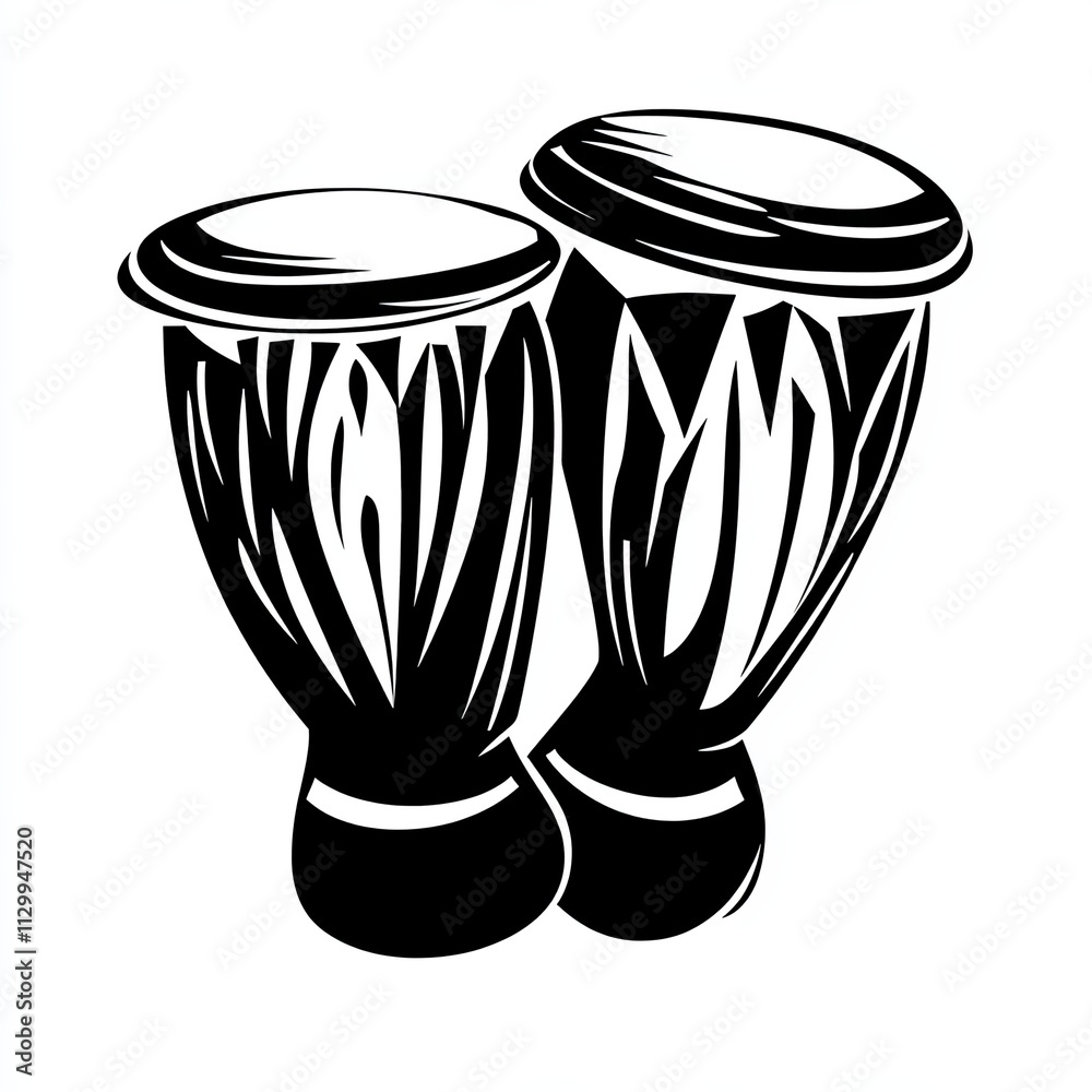 A black and white silhouette illustrates bongo drums using minimalist stroke lines to achieve an abstract and artistic look, highlighting their distinctive shapes A black and white silhouette illustrates bongo drums using minimalist stroke lines to achieve an abstract and artistic look, highlighting their distinctive shapes