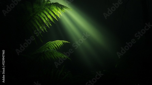 Sunbeam illuminating ferns in dark forest.