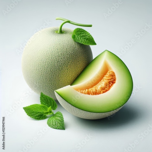 Fresh honeydew melon with two ripe slices on a clean white background photo