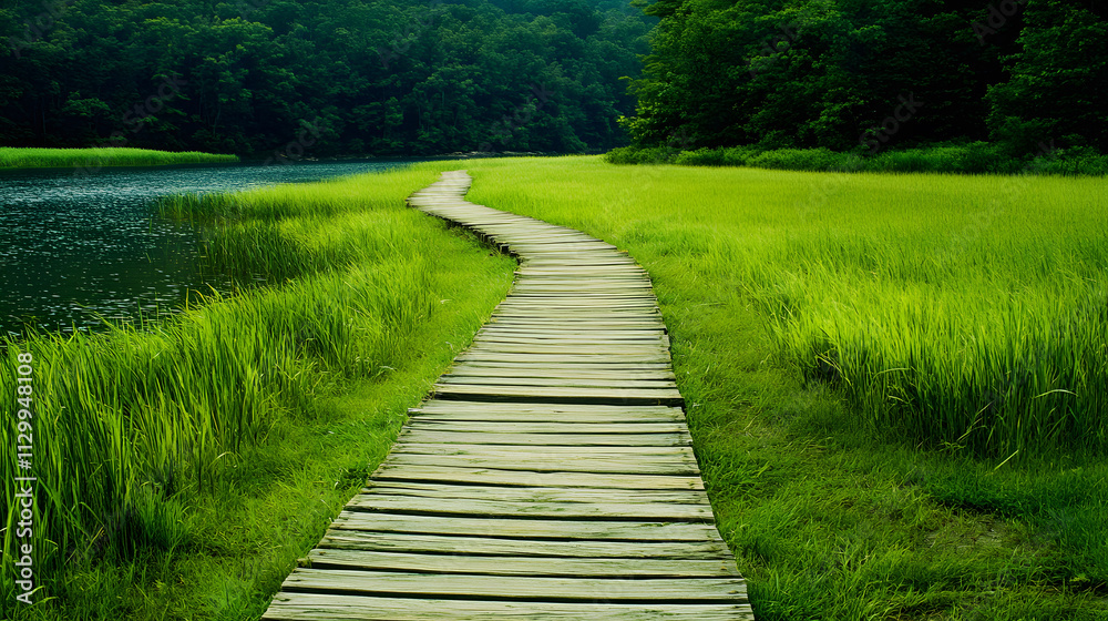 A serene wooden pathway meanders through lush green grass by a tranquil lake, surrounded by dense trees under a clear sky A serene wooden pathway meanders through lush green grass by a tranquil lake, surrounded by dense trees under a clear sky