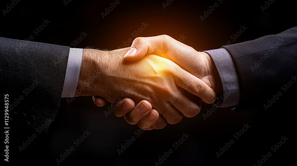 Two businessmen shaking hands, glowing energy between them. Two businessmen shaking hands, glowing energy between them.