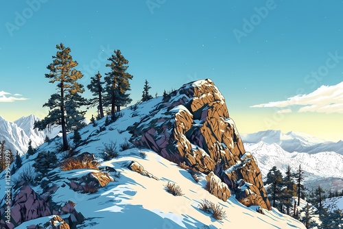 Snowy Mountain Peak Sunrise Panorama: A Serene Winter Landscape photo