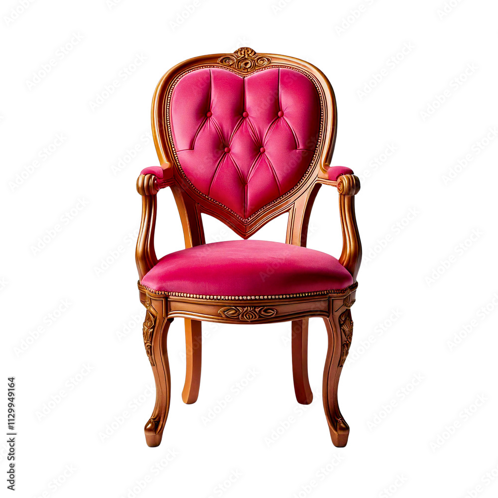 Elegant heart-shaped chair with rich pink upholstery and ornate wooden frame Elegant heart-shaped chair with rich pink upholstery and ornate wooden frame