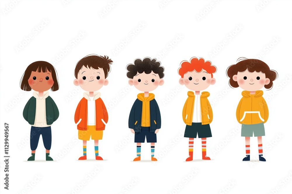 Diverse cartoon kids wear bright clothes, joyful expressions. Colorful characters stand in various poses. Playful illustration set perfect for children books, educational materials fashion design. Diverse cartoon kids wear bright clothes, joyful expressions. Colorful characters stand in various poses. Playful illustration set perfect for children books, educational materials fashion design.