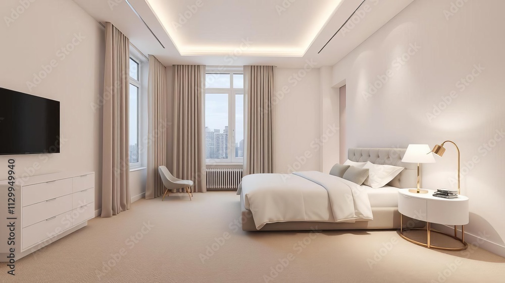 Modern bedroom interior with sleek furniture and minimalist decor, comfortable, minimalist Modern bedroom interior with sleek furniture and minimalist decor, comfortable, minimalist