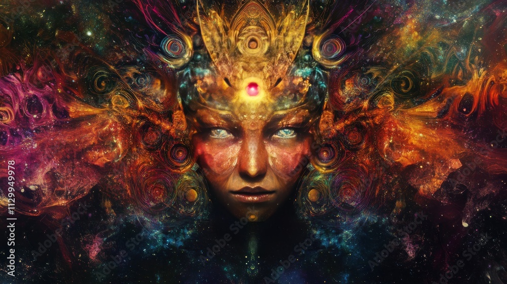 A regal female figure stares with an intense, piercing gaze, crowned with a fiery, intricate headdress that swirls with cosmic flames. Her powerful expression and the vibrant, fiery aura surrounding A regal female figure stares with an intense, piercing gaze, crowned with a fiery, intricate headdress that swirls with cosmic flames. Her powerful expression and the vibrant, fiery aura surrounding