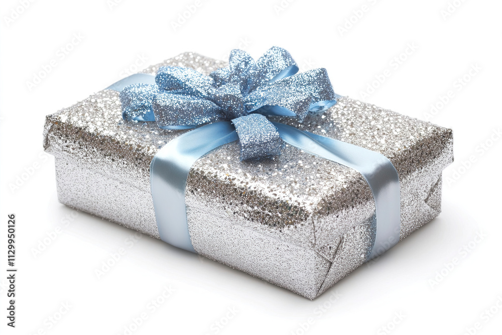 A Christmas gift box wrapped with shimmering silver paper with a delicate ribbon. (Generative AI) A Christmas gift box wrapped with shimmering silver paper with a delicate ribbon. (Generative AI)