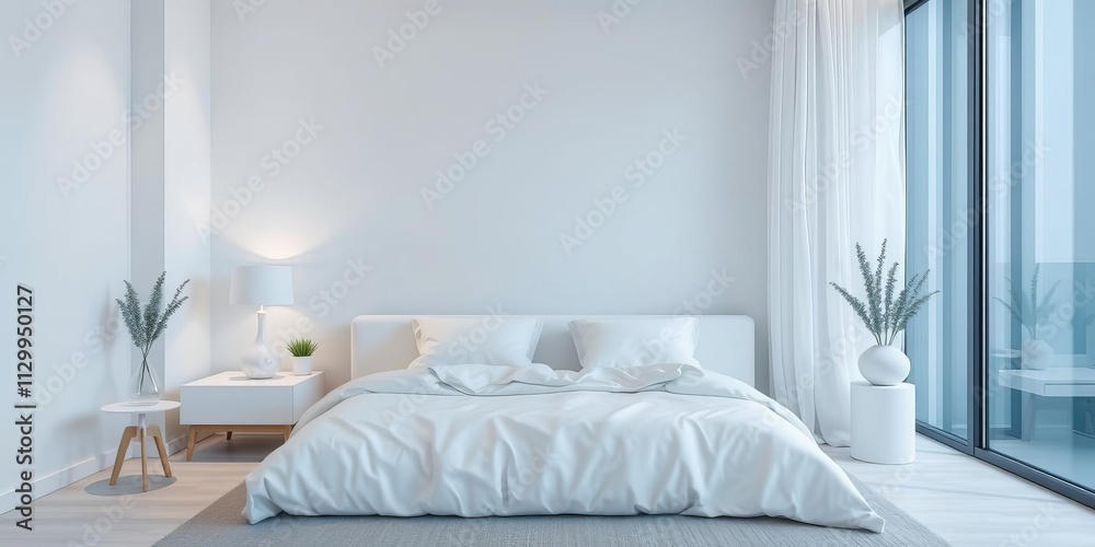 Modern bedroom with cool blue and white color scheme, featuring sleek furniture and minimalistic decor, clean, relaxation Modern bedroom with cool blue and white color scheme, featuring sleek furniture and minimalistic decor, clean, relaxation