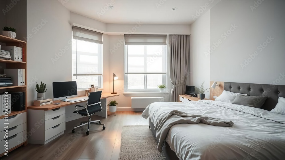 Fototapeta premium Modern bedroom with double bed and desk, comfortable, double bed