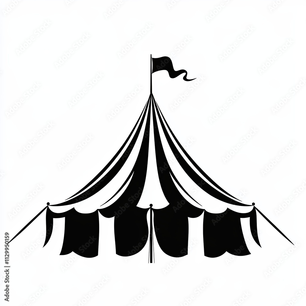 This black and white silhouette represents a circus tent, characterized by minimalist stroke lines and an abstract appearance, highlighting playful entertainment This black and white silhouette represents a circus tent, characterized by minimalist stroke lines and an abstract appearance, highlighting playful entertainment