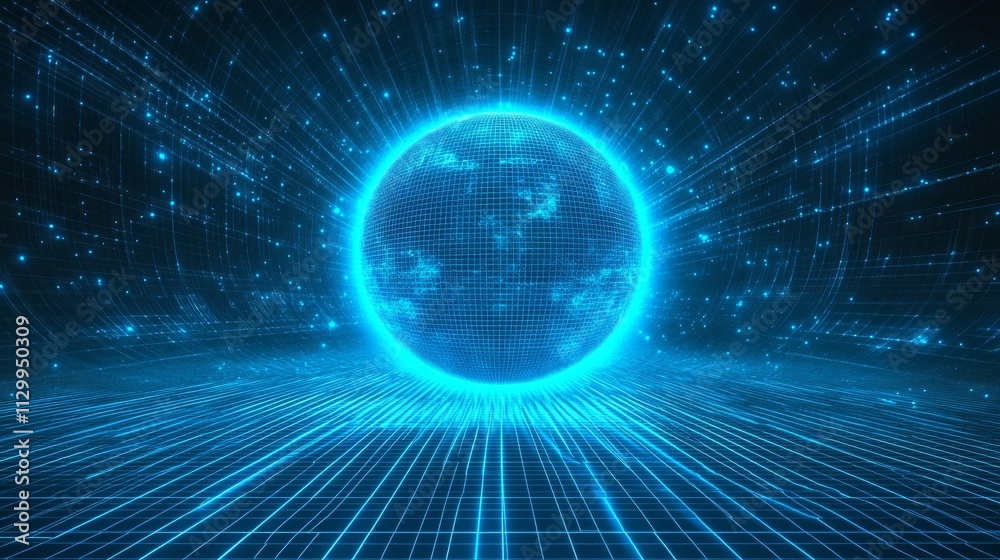 A glowing digital globe radiating blue light, positioned within a virtual grid environment. The radiating lines add a sense of movement, making this perfect for technology, data, and futuristic A glowing digital globe radiating blue light, positioned within a virtual grid environment. The radiating lines add a sense of movement, making this perfect for technology, data, and futuristic