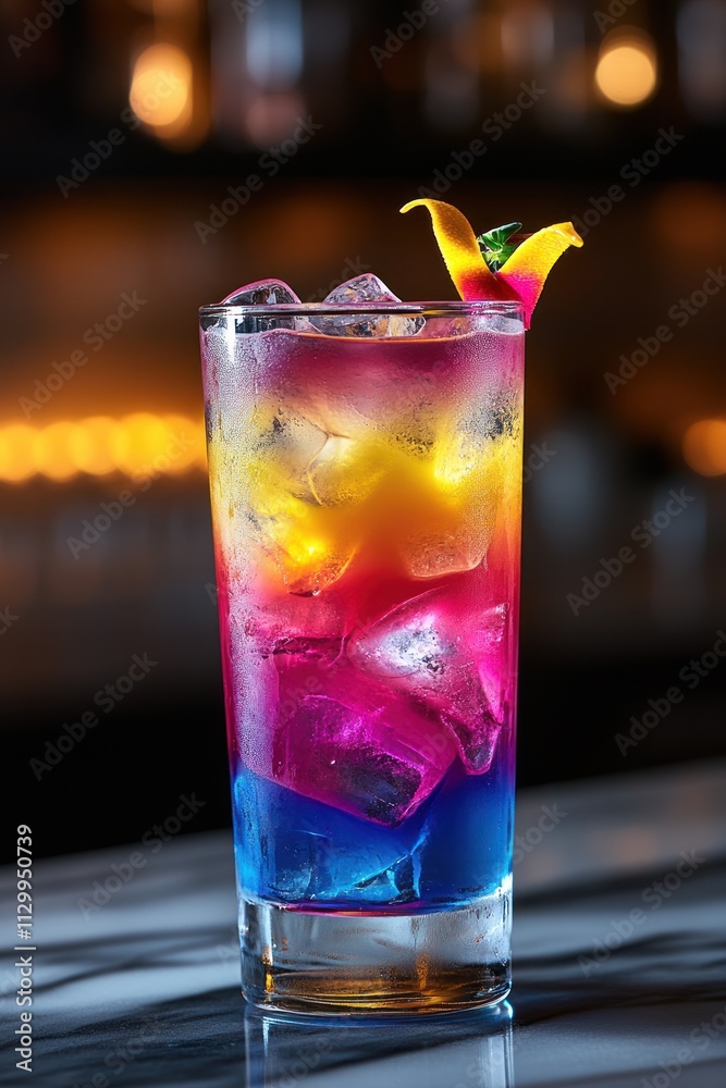 A vibrant cocktail with layered colors and ice, garnished with a decorative fruit. A vibrant cocktail with layered colors and ice, garnished with a decorative fruit.