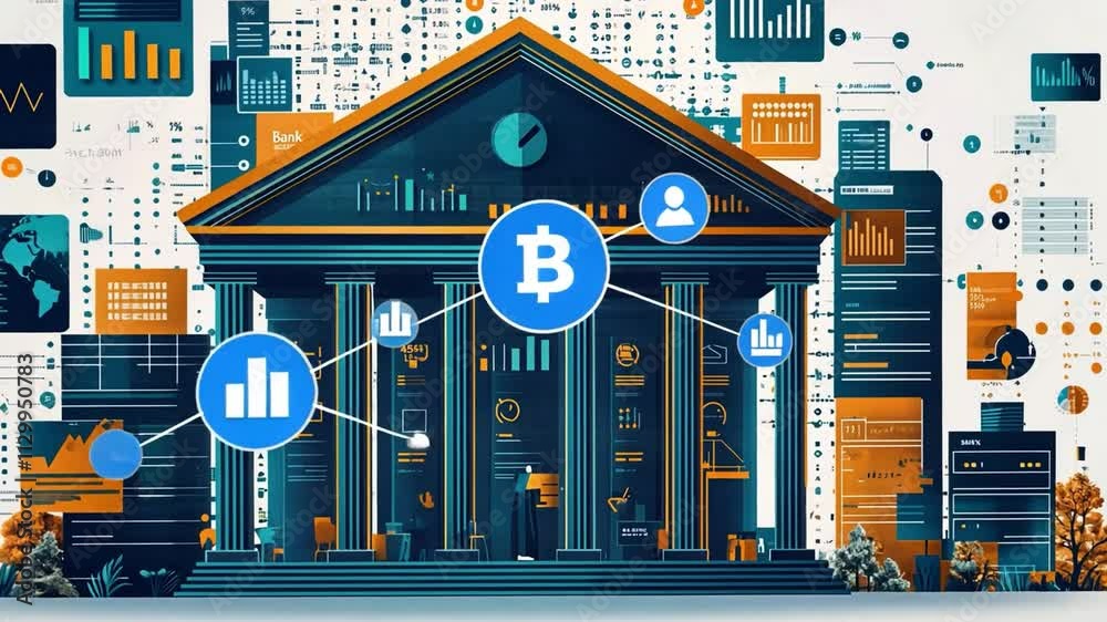 Stylized image of a bank merging with digital currency in a modern setting