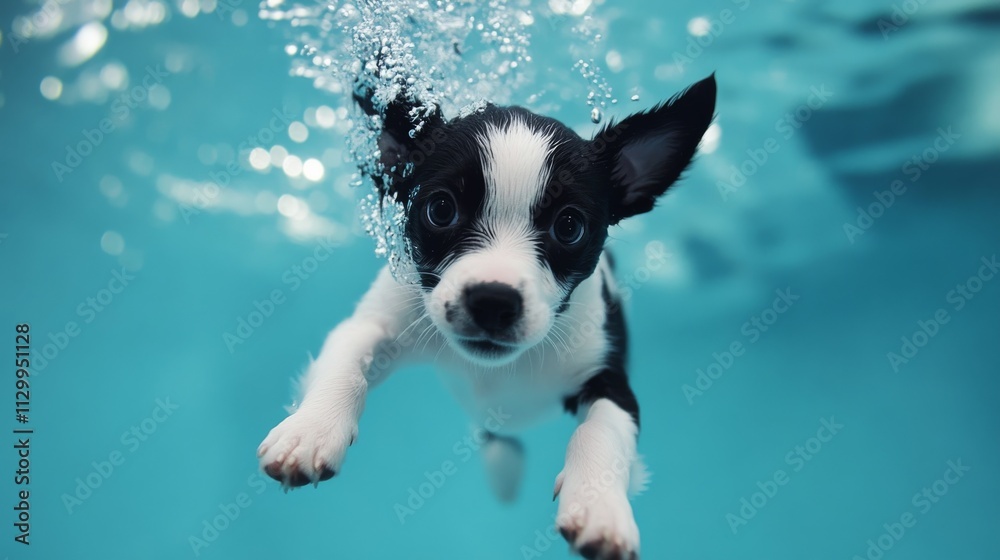 A black and white puppy swimming with focus and curiosity in clear blue water. The image captures the playful spirit of pets, perfect for themes involving energy, summer, or animal companions.. AI A black and white puppy swimming with focus and curiosity in clear blue water. The image captures the playful spirit of pets, perfect for themes involving energy, summer, or animal companions.. AI
