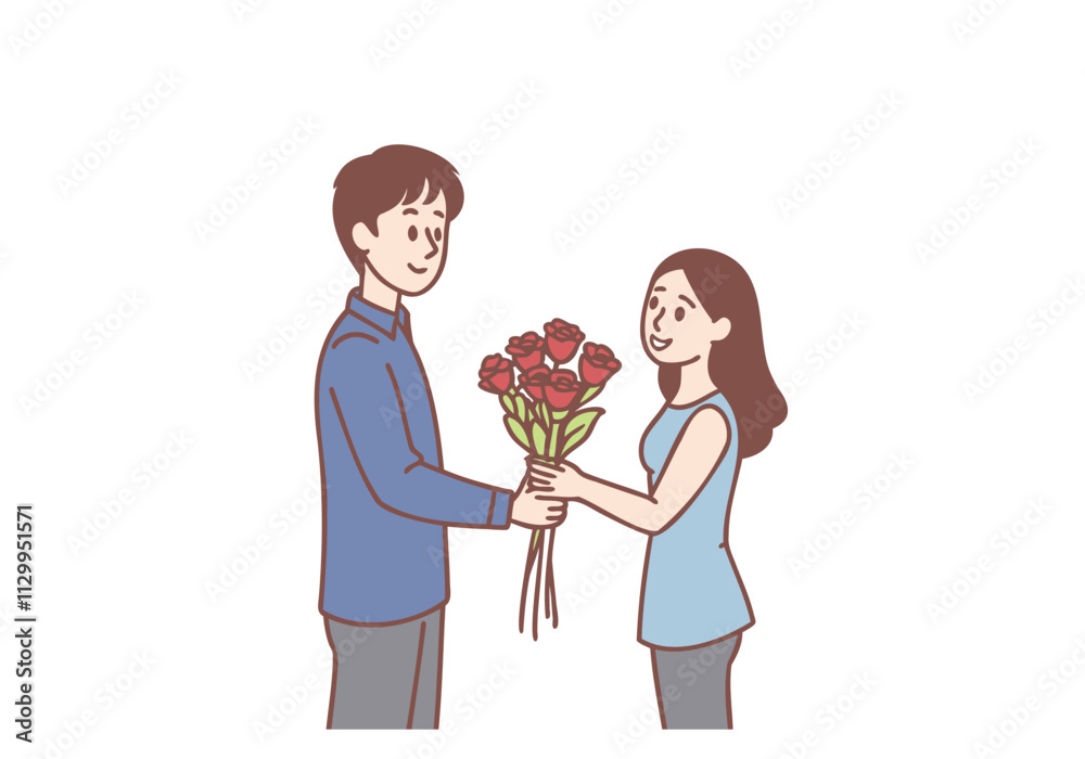 Young loving man cartoon character giving red flowers bouquet to his girlfriend during date. Hand drawn style vector design illustrations.
Young loving man cartoon character giving red flowers bouquet to his girlfriend during date. Hand drawn style vector design illustrations.