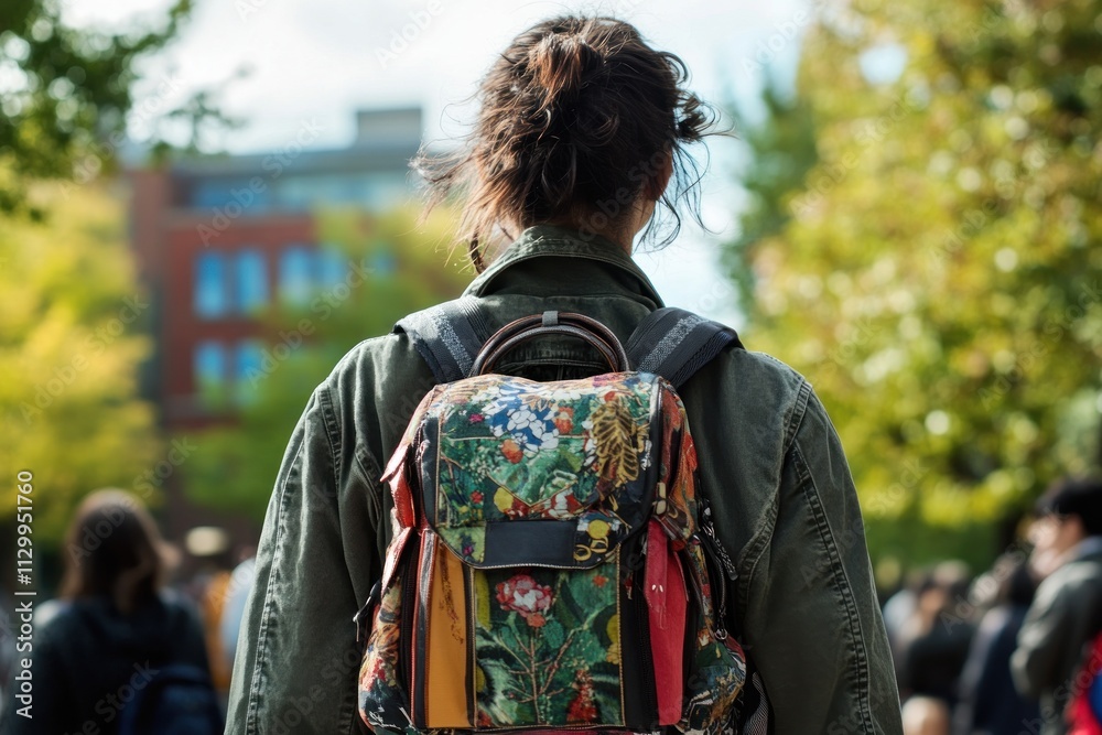 Young person with backpack walking on campus. Young person with backpack walking on campus.