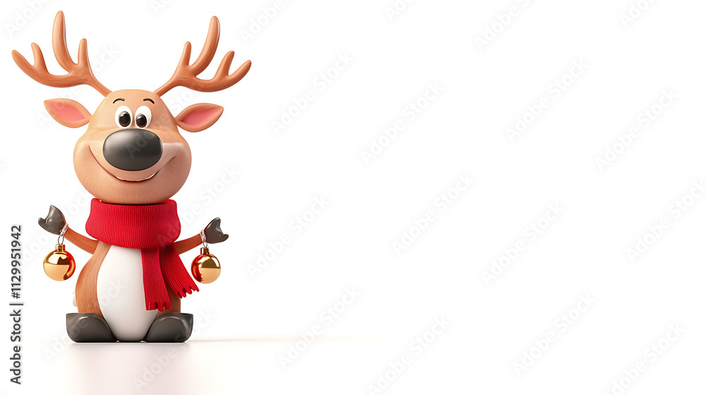 cheerful 3D cartoon reindeer wearing red scarf and holding bells, perfect for festive themes