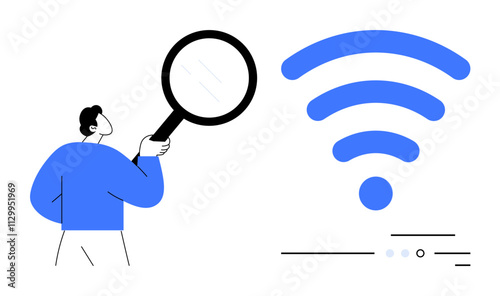 Person with magnifying glass examining a large, blue wireless signal icon, highlighting wireless technology. Ideal for tech troubleshooting, connectivity, research, information search, data analysis