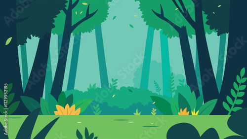 Flat Design Illustration of Nature Landscape of Fresh Green Trees in Forest