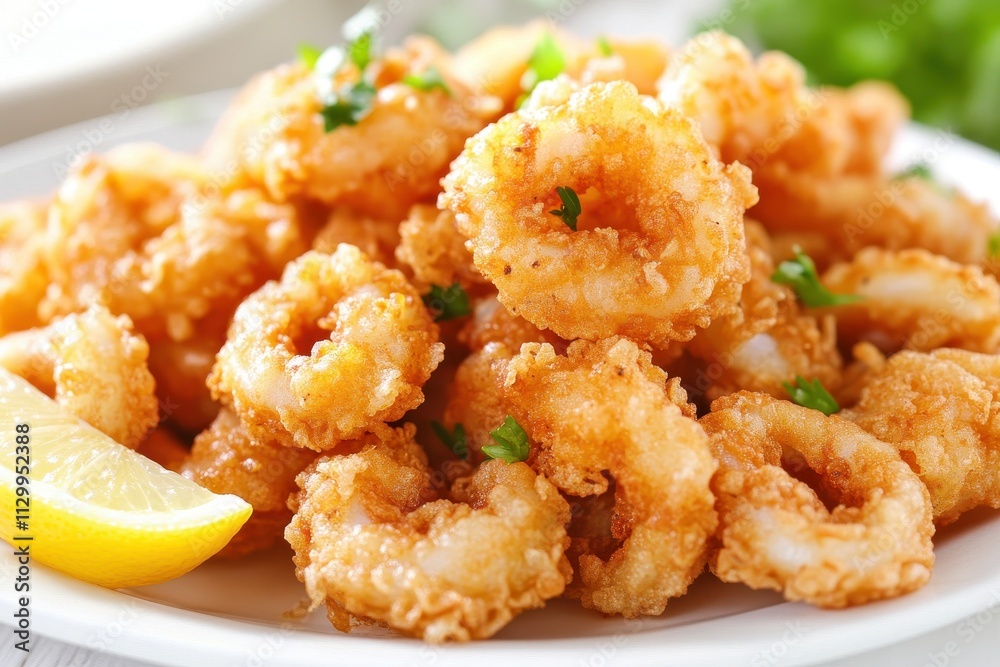 Crispy Fried Shrimp with Fresh Lemon Garnish Served on a Plate, Perfect for Asian Cuisine and Seafood Dishes in a Bright Culinary Setting Crispy Fried Shrimp with Fresh Lemon Garnish Served on a Plate, Perfect for Asian Cuisine and Seafood Dishes in a Bright Culinary Setting