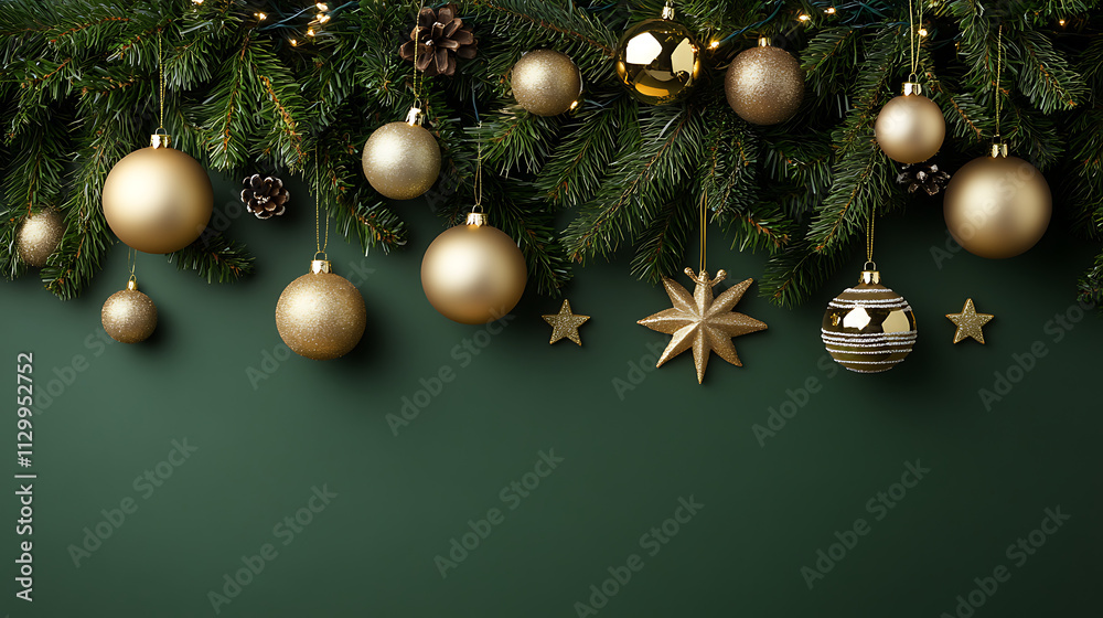 A beautifully arranged festive display featuring golden ornaments and pinecones, set against a rich green background, evoking a warm holiday spirit.
