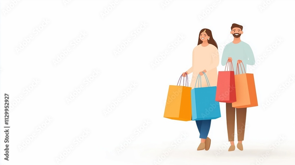 Happy Indian couple carry shopping bags. Joyfully celebrate Diwali. Couple wearing traditional clothes. Bright colors prominent. Festive mood apparent. Walking. Shopping displayed. Celebration shown. Happy Indian couple carry shopping bags. Joyfully celebrate Diwali. Couple wearing traditional clothes. Bright colors prominent. Festive mood apparent. Walking. Shopping displayed. Celebration shown.