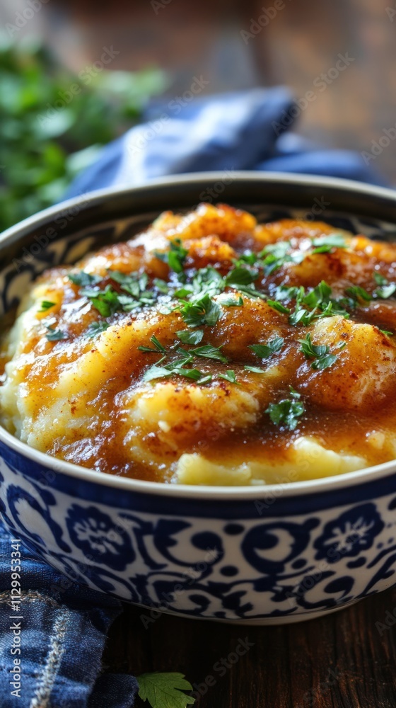 A bowl of creamy mashed potatoes topped with savory gravy and garnished with fresh herbs. A bowl of creamy mashed potatoes topped with savory gravy and garnished with fresh herbs.
