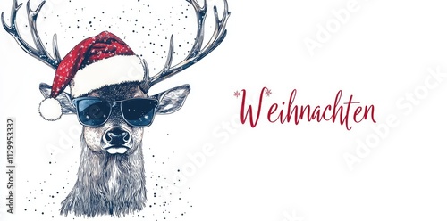 A cute, cool deer with sunglasses and a Santa hat, text 