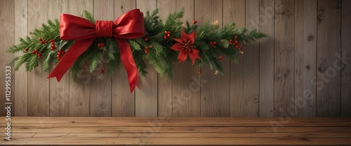 Traditional Christmas garland with bow on wooden table, rustic, wooden, Christmas