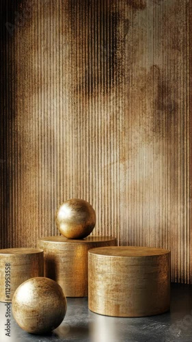 Abstract arrangement of golden shapes against a textured backdrop in a modern interior setting