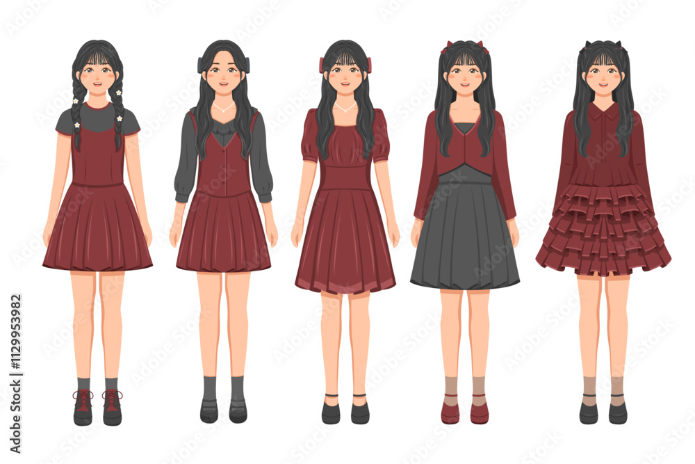 Girls standing illustration wearing red dress Girls standing illustration wearing red dress