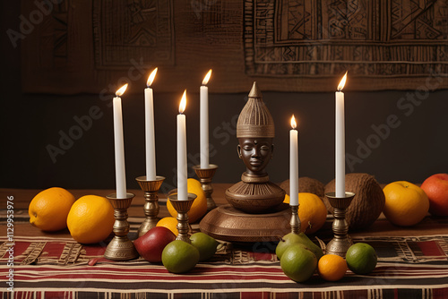 A Kinara With Glowing Candles, Each Representing Nguzo Saba, Placed on a Wooden Table Decorated With Fruits photo