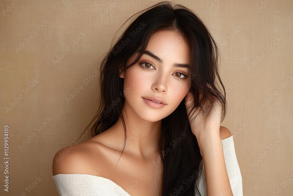 Beautiful young woman with long dark hair and fresh skin on beige background capturing serenity and calmness in contemporary photography Beautiful young woman with long dark hair and fresh skin on beige background capturing serenity and calmness in contemporary photography