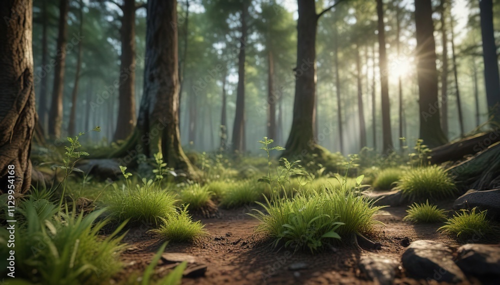 Fototapeta premium Tranquil setting of tiny grass seedlings growing amidst the towering trees of an old growth forest, growth, tiny seedlings, towering trees, old growth forest, tranquil setting