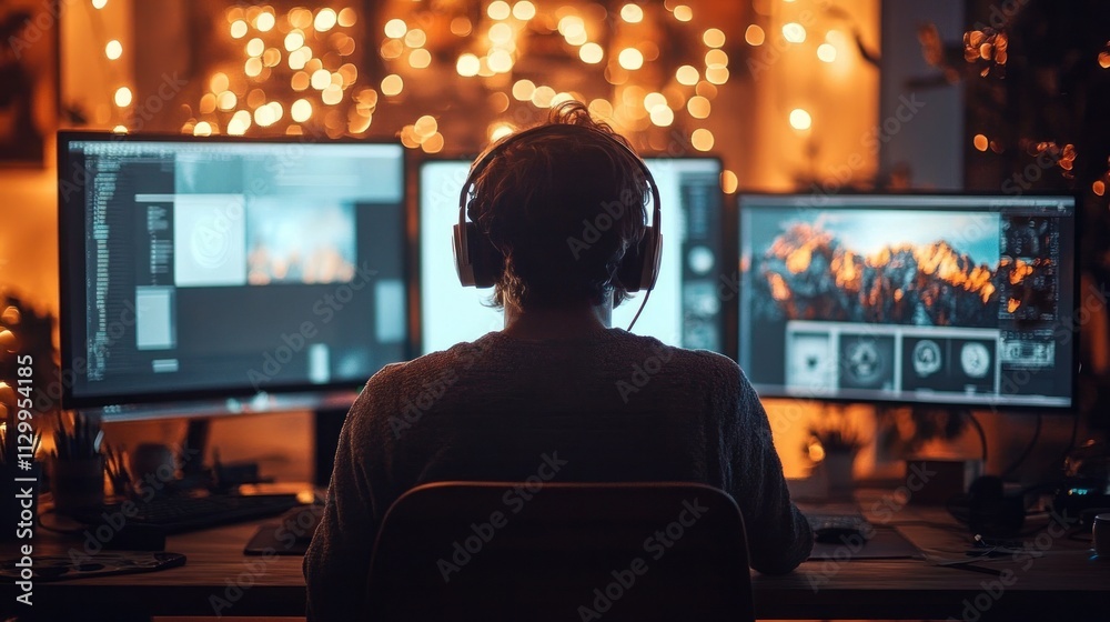 Editing Photos in a Warm Ambient Artist Studio with Dual Monitors and Headphones Editing Photos in a Warm Ambient Artist Studio with Dual Monitors and Headphones