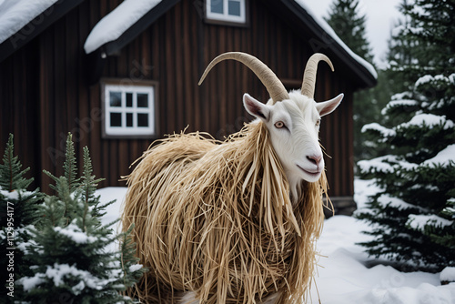 An Old-world Scandinavian Yule Goat From Straw and Wooden Houses photo