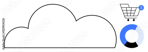 Cloud outline, shopping cart with three notifications, and segmented pie chart in blue, black, and white. Ideal for cloud storage, online shopping, data analysis, notifications digital services