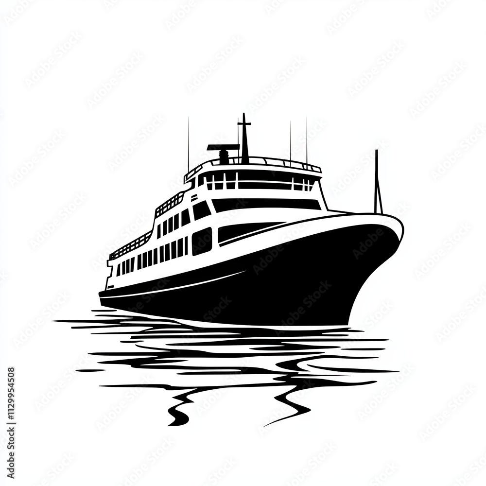 A ferry is depicted in silhouette, gracefully gliding across calm waters. The design features minimalist lines, creating an abstract and modern aesthetic A ferry is depicted in silhouette, gracefully gliding across calm waters. The design features minimalist lines, creating an abstract and modern aesthetic