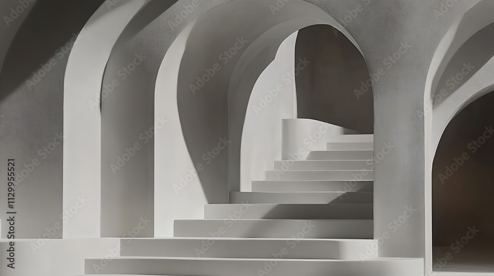 Obraz premium A stunning view of an elegant staircase leading through a series of smooth, arched walls. The minimalist design enhances the serene atmosphere.