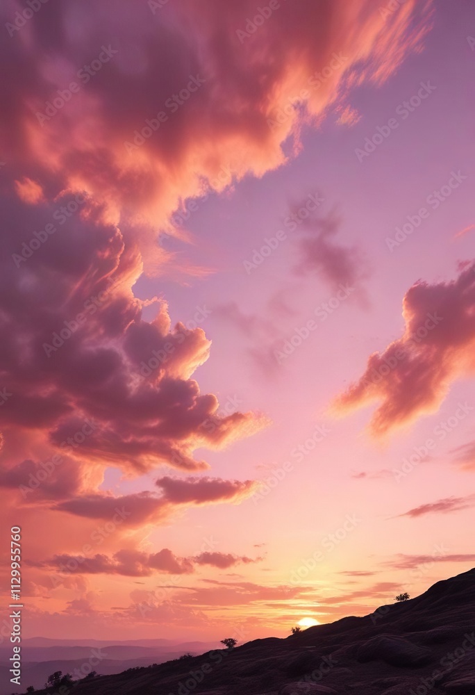 Vibrant sky transitioning from warm orange to gentle pink over silhouetted horizon, nature, serene, gradient Vibrant sky transitioning from warm orange to gentle pink over silhouetted horizon, nature, serene, gradient
