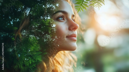 Environmental Commitment: Woman and Green Forest Representing Global Warming Protection photo