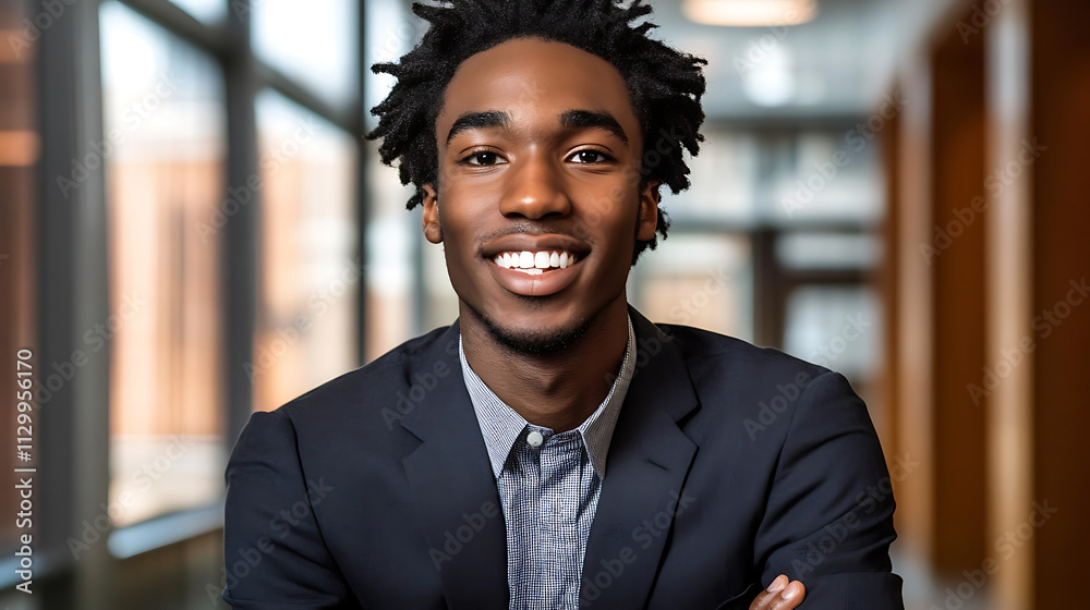 A young African American man in a suit smiles confidently, showcasing professionalism in a modern office setting with warm lighting. A young African American man in a suit smiles confidently, showcasing professionalism in a modern office setting with warm lighting.