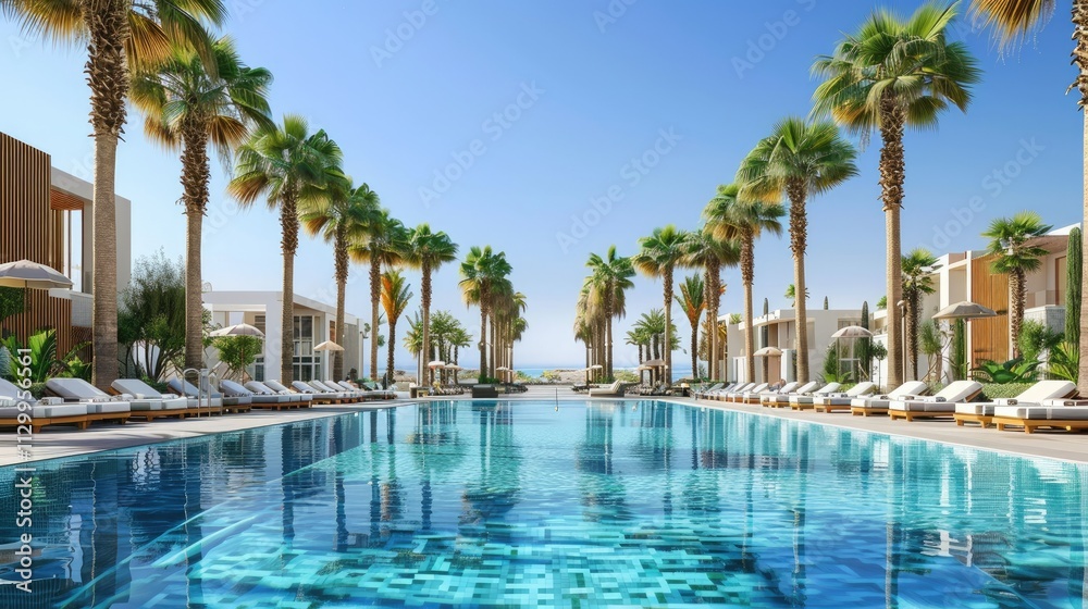 Luxury community pool surrounded by lounge chairs and palm trees for a resort-style living appeal Luxury community pool surrounded by lounge chairs and palm trees for a resort-style living appeal