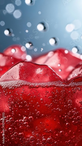 A close-up of vibrant red jelly with bubbles, set against a blurred blue background, creating a refreshing and appetizing visual effect.