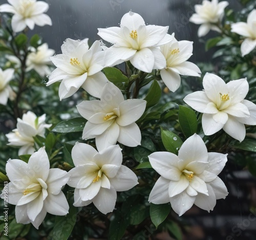 Vibrant white gardenia blossoms thriving in the rain, outdoor, fresh, vibrant, growth